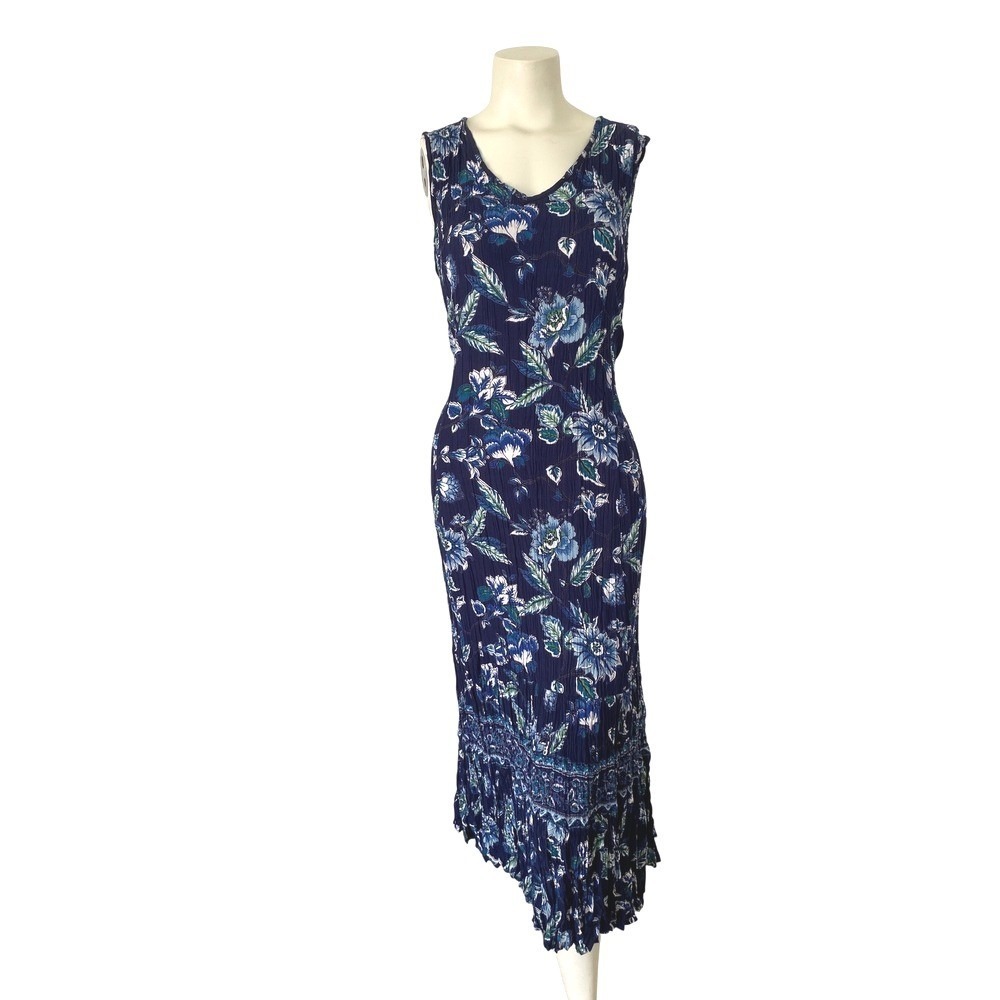 Lola P. New York Blue Floral Crinkle Rayon Sleeveless Midi Dress Womens Medium